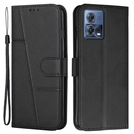 For Motorola Moto S30 Pro 5G / Edge 30 Fusion 5G Wallet Phone Case Stitching PU Leather Stand Feature Flip Cover with Strap - Black