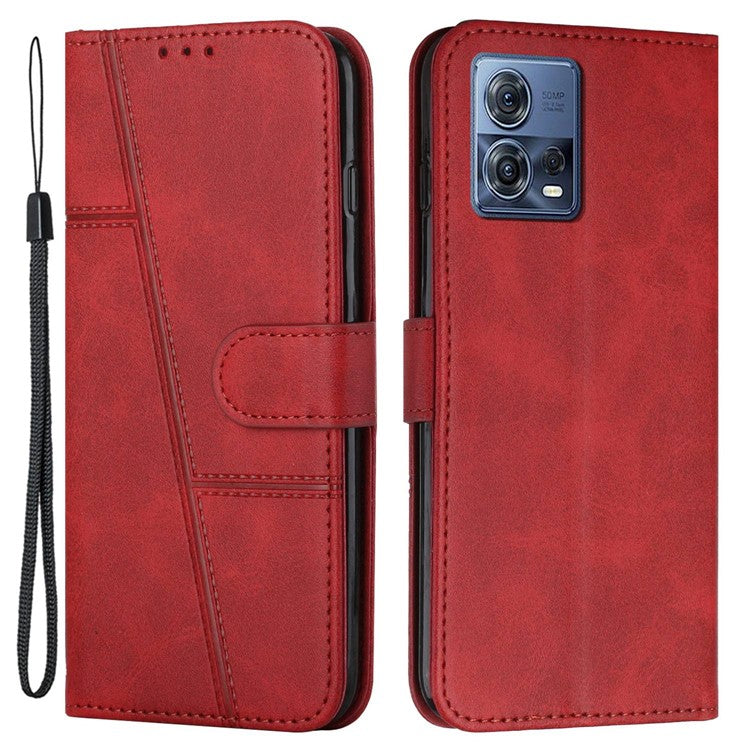 For Motorola Moto S30 Pro 5G / Edge 30 Fusion 5G Wallet Phone Case Stitching PU Leather Stand Feature Flip Cover with Strap - Red