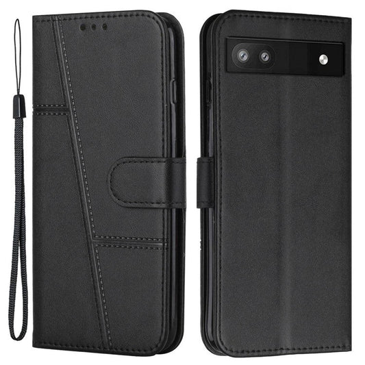 Stitching Phone Case for Google Pixel 6a, Wallet Stand PU Leather Cover Inner TPU Shell with Strap - Black