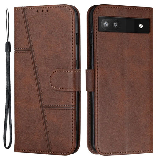 Stitching Phone Case for Google Pixel 6a, Wallet Stand PU Leather Cover Inner TPU Shell with Strap - Brown