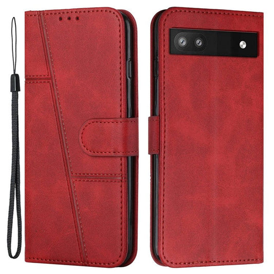 Stitching Phone Case for Google Pixel 6a, Wallet Stand PU Leather Cover Inner TPU Shell with Strap - Red