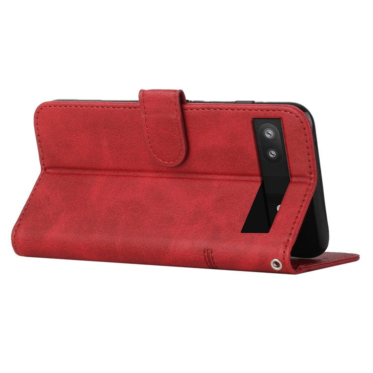 Stitching Phone Case for Google Pixel 6a, Wallet Stand PU Leather Cover Inner TPU Shell with Strap - Red