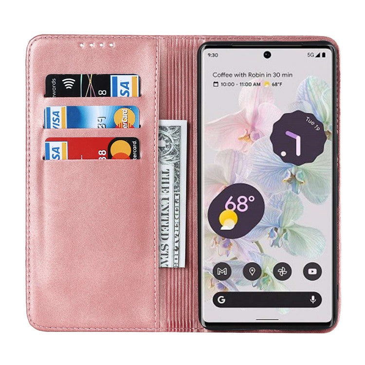 Calf Texture PU Leather Case for Google Pixel 7 Pro 5G, Magnetic Auto Closing Phone Stand Wallet Cover - Rose Gold