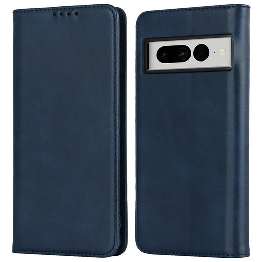 Calf Texture PU Leather Case for Google Pixel 7 Pro 5G, Magnetic Auto Closing Phone Stand Wallet Cover - Dark Blue