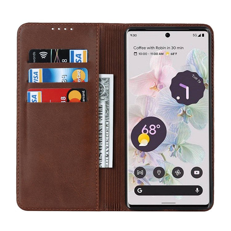 Calf Texture PU Leather Case for Google Pixel 7 Pro 5G, Magnetic Auto Closing Phone Stand Wallet Cover - Dark Brown