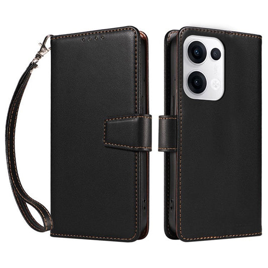 For Oppo Reno13 5G (Global) Case RFID Blocking Leather Wallet Flip Phone Cover with Wrist Strap - Black