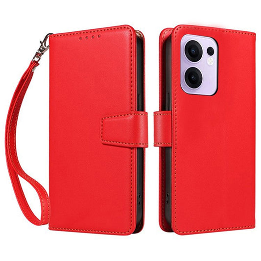 For Oppo Reno13 F 5G Case RFID Blocking Leather Wallet Flip Phone Cover with Wrist Strap - Red
