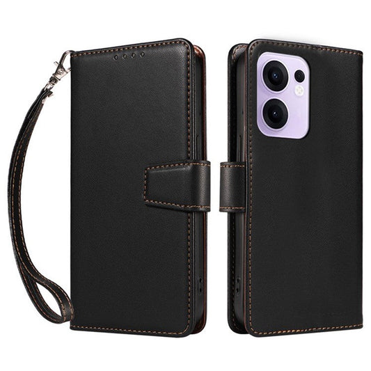 For Oppo Reno13 F 5G Case RFID Blocking Leather Wallet Flip Phone Cover with Wrist Strap - Black
