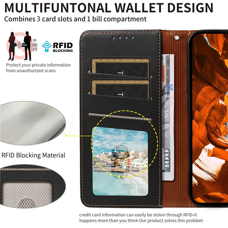 For Oppo Reno13 F 5G Case RFID Blocking Leather Wallet Flip Phone Cover with Wrist Strap - Black