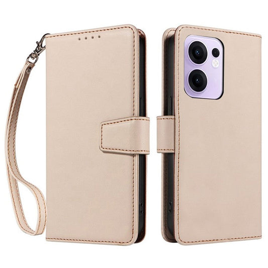 For Oppo Reno13 F 5G Case RFID Blocking Leather Wallet Flip Phone Cover with Wrist Strap - Apricot