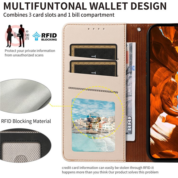 For Oppo Reno13 F 5G Case RFID Blocking Leather Wallet Flip Phone Cover with Wrist Strap - Apricot
