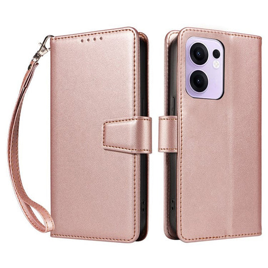 For Oppo Reno13 F 5G Case RFID Blocking Leather Wallet Flip Phone Cover with Wrist Strap - Rose Gold