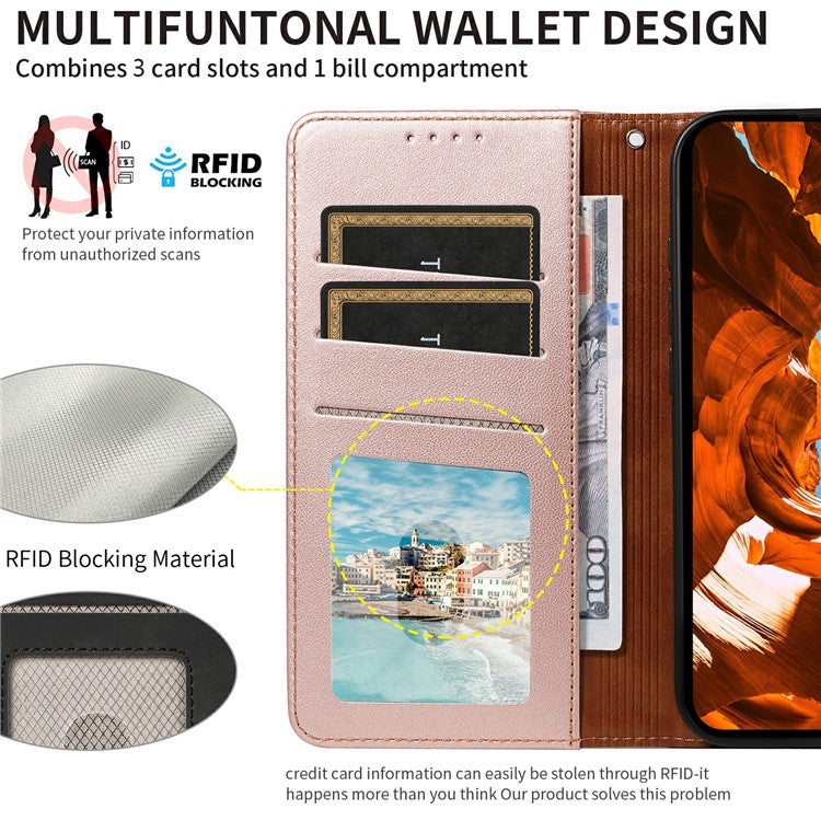 For Oppo Reno13 F 5G Case RFID Blocking Leather Wallet Flip Phone Cover with Wrist Strap - Rose Gold