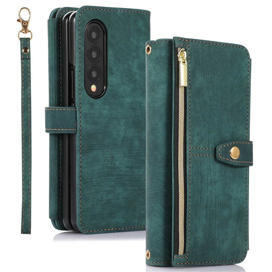 For Samsung Galaxy Z Fold4 5G Zipper Pocket PU Leather Cover Stand Multiple Card Slots Phone Case - Blue