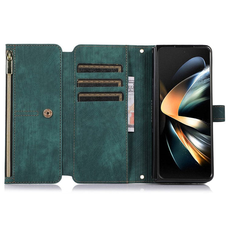 For Samsung Galaxy Z Fold4 5G Zipper Pocket PU Leather Cover Stand Multiple Card Slots Phone Case - Blue
