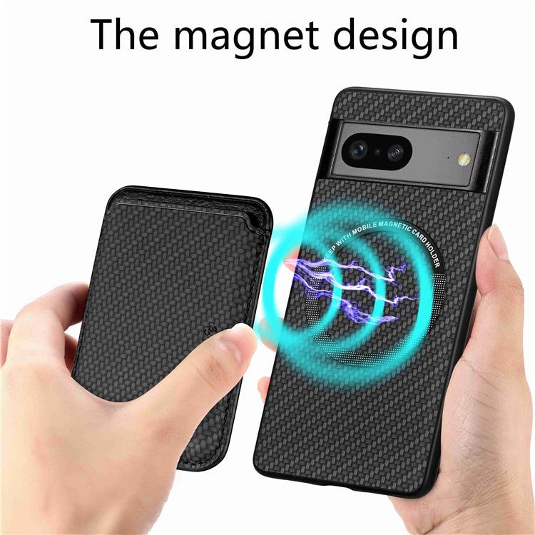 For Google Pixel 7 5G Detachable Magnetic Phone Case Carbon Fiber Texture PU Leather + TPU Cover with Card Holder - Black