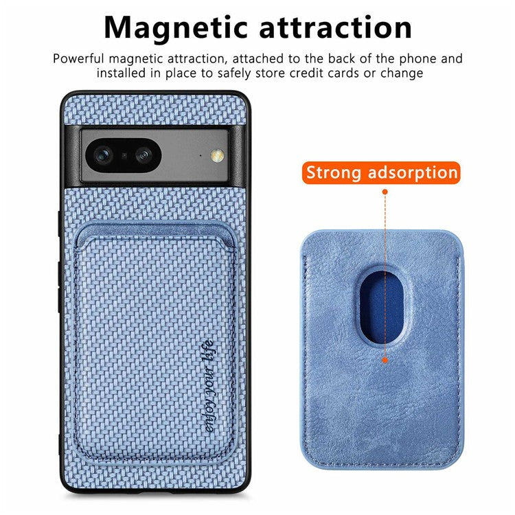 For Google Pixel 7 5G Detachable Magnetic Phone Case Carbon Fiber Texture PU Leather + TPU Cover with Card Holder - Blue