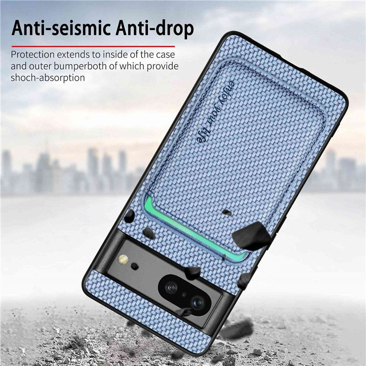 For Google Pixel 7 5G Detachable Magnetic Phone Case Carbon Fiber Texture PU Leather + TPU Cover with Card Holder - Blue