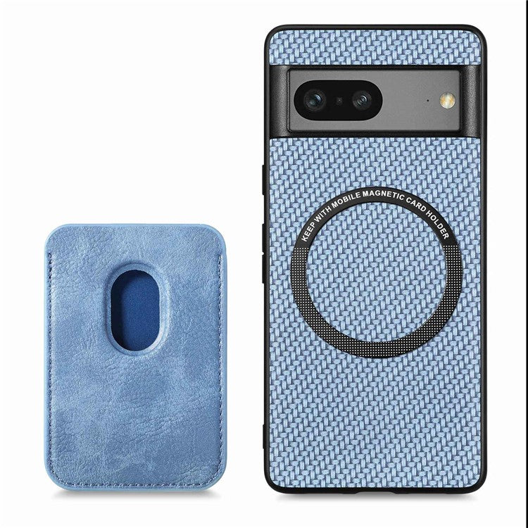 For Google Pixel 7 5G Detachable Magnetic Phone Case Carbon Fiber Texture PU Leather + TPU Cover with Card Holder - Blue