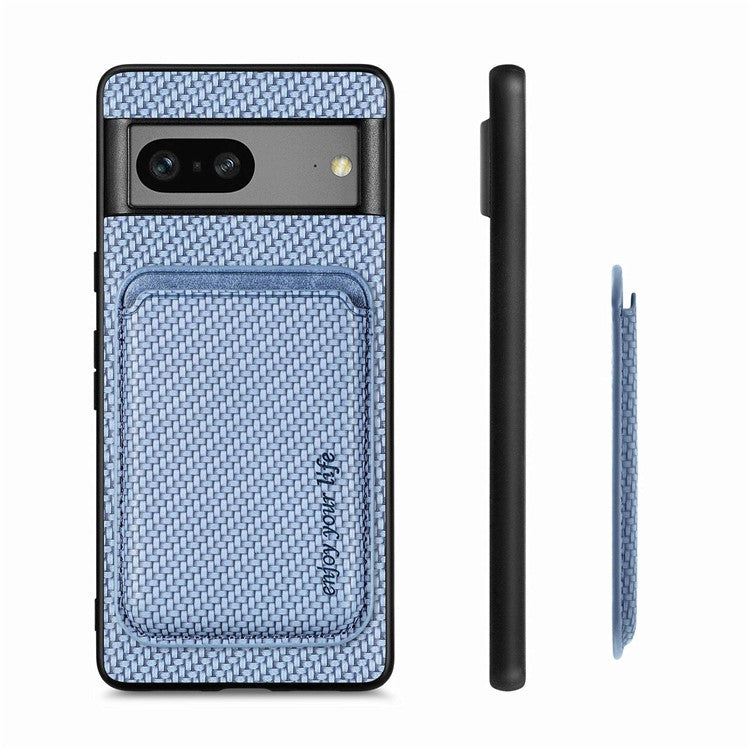 For Google Pixel 7 5G Detachable Magnetic Phone Case Carbon Fiber Texture PU Leather + TPU Cover with Card Holder - Blue
