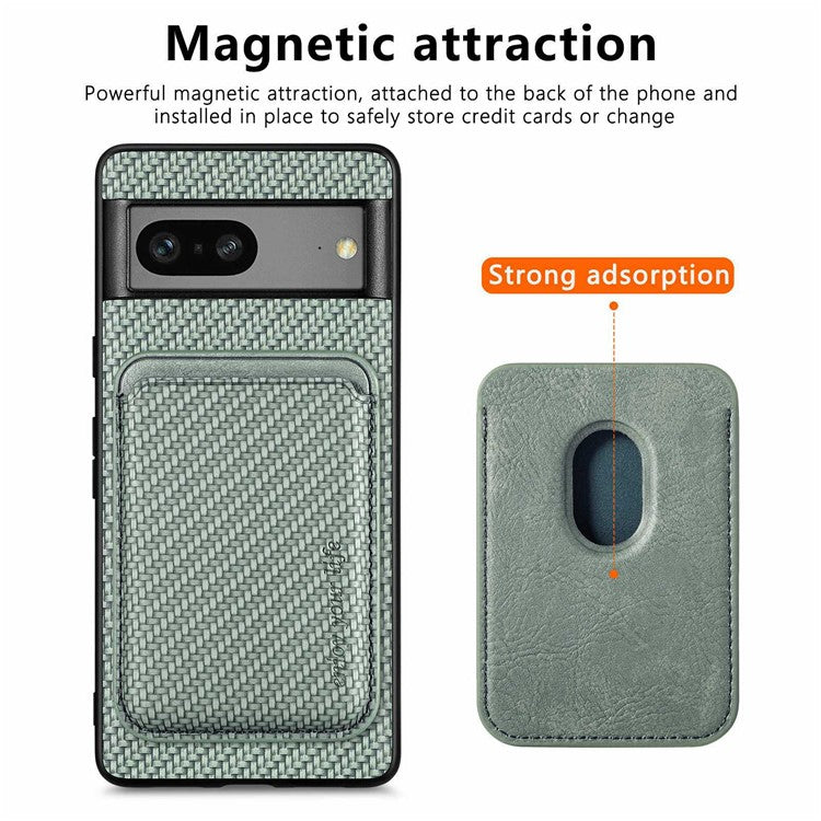 For Google Pixel 7 5G Detachable Magnetic Phone Case Carbon Fiber Texture PU Leather + TPU Cover with Card Holder - Green
