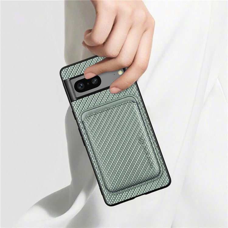 For Google Pixel 7 5G Detachable Magnetic Phone Case Carbon Fiber Texture PU Leather + TPU Cover with Card Holder - Green
