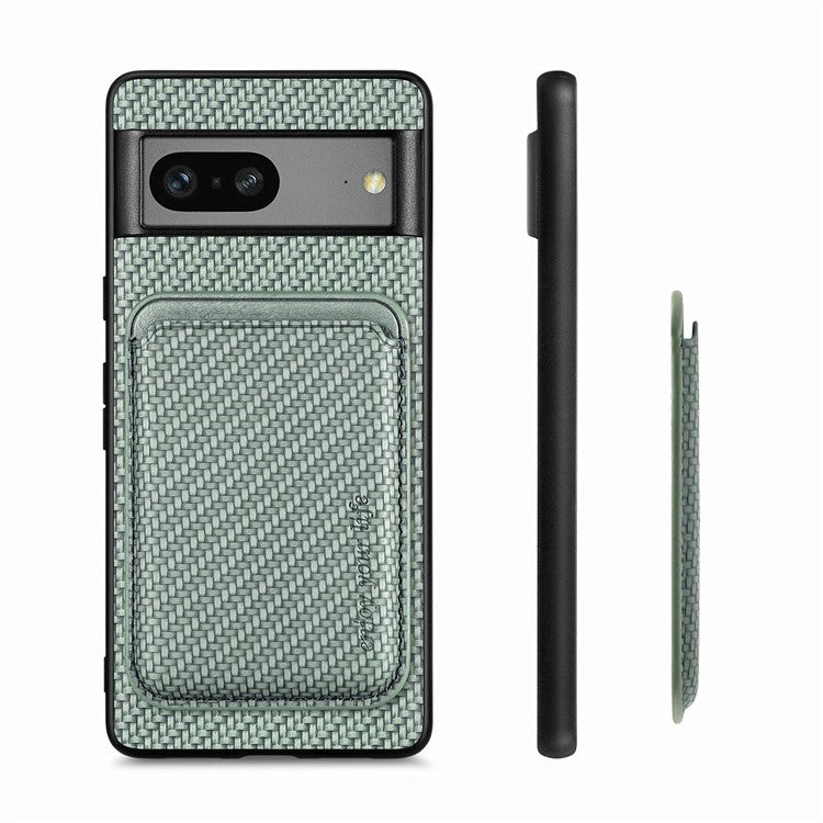For Google Pixel 7 5G Detachable Magnetic Phone Case Carbon Fiber Texture PU Leather + TPU Cover with Card Holder - Green