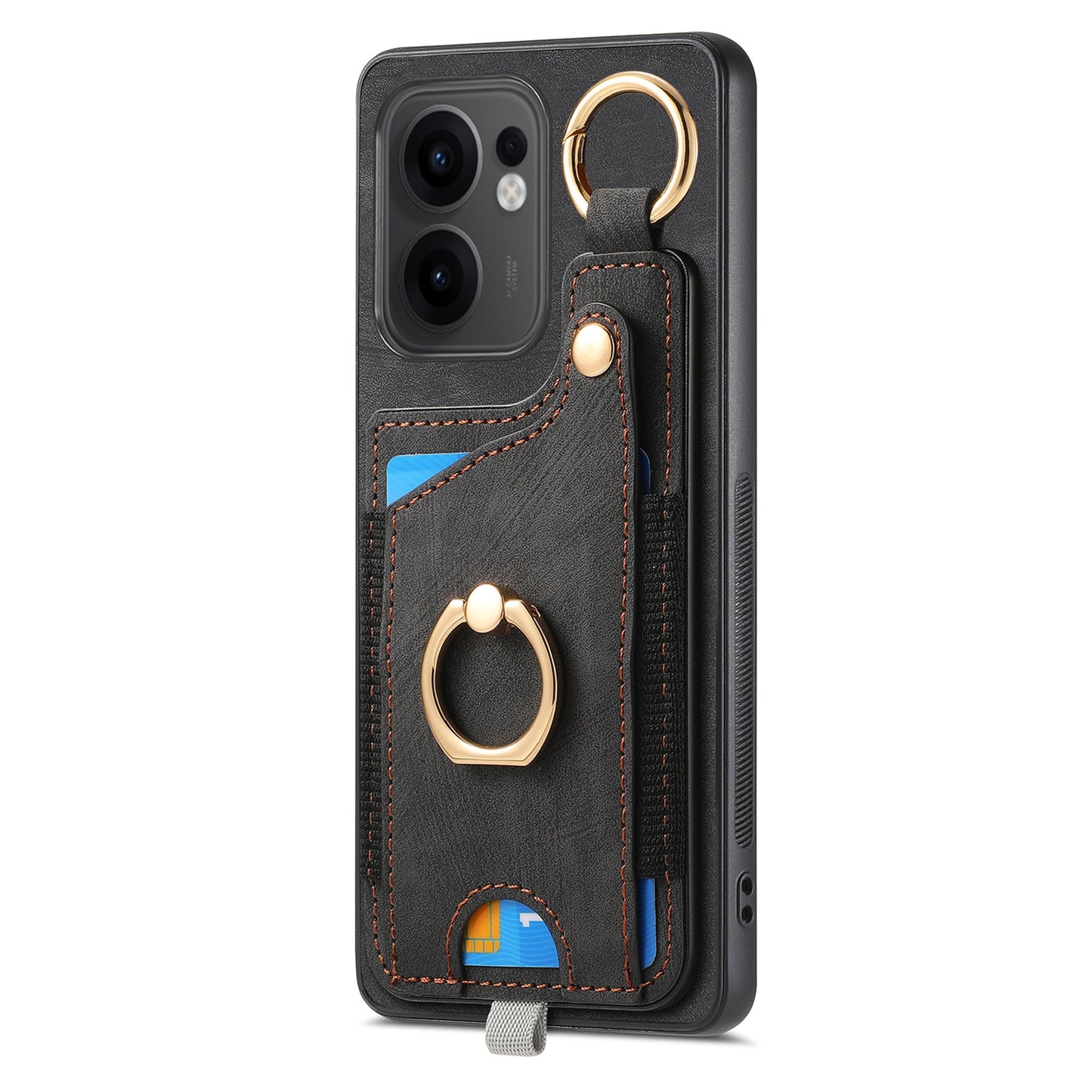 For Oppo Reno13 F 5G Retro Leather Phone Back Cover with Card Slots and Ring Holder - Black