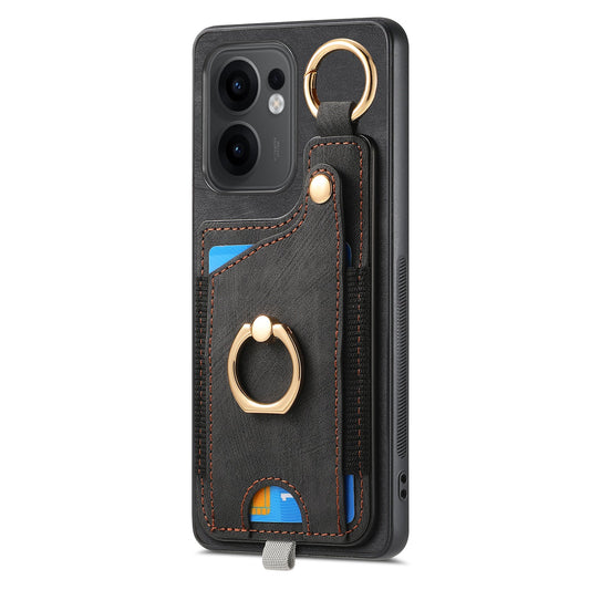 For Oppo Reno13 F 5G Retro Leather Phone Back Cover with Card Slots and Ring Holder - Black