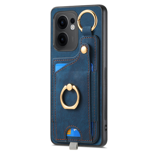 For Oppo Reno13 F 5G Retro Leather Phone Back Cover with Card Slots and Ring Holder - Blue