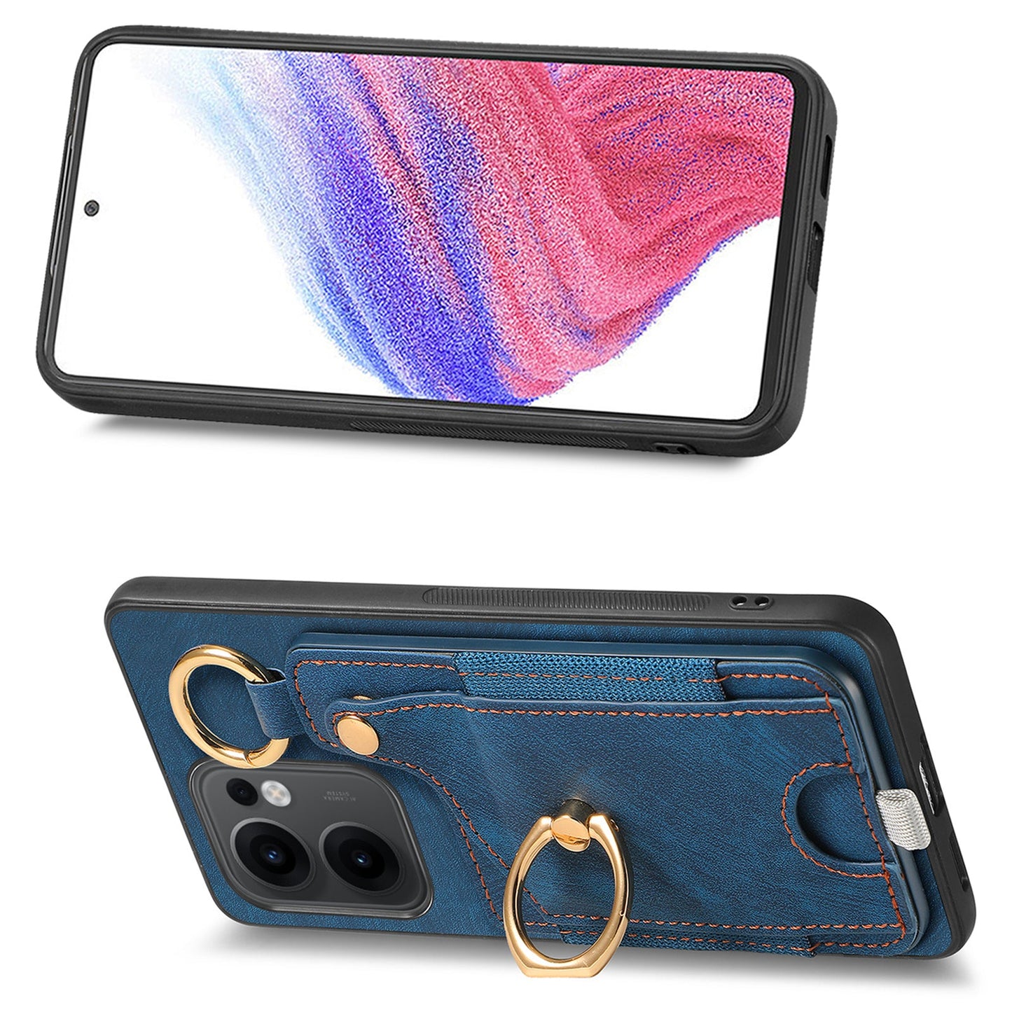 For Oppo Reno13 F 5G Retro Leather Phone Back Cover with Card Slots and Ring Holder - Blue