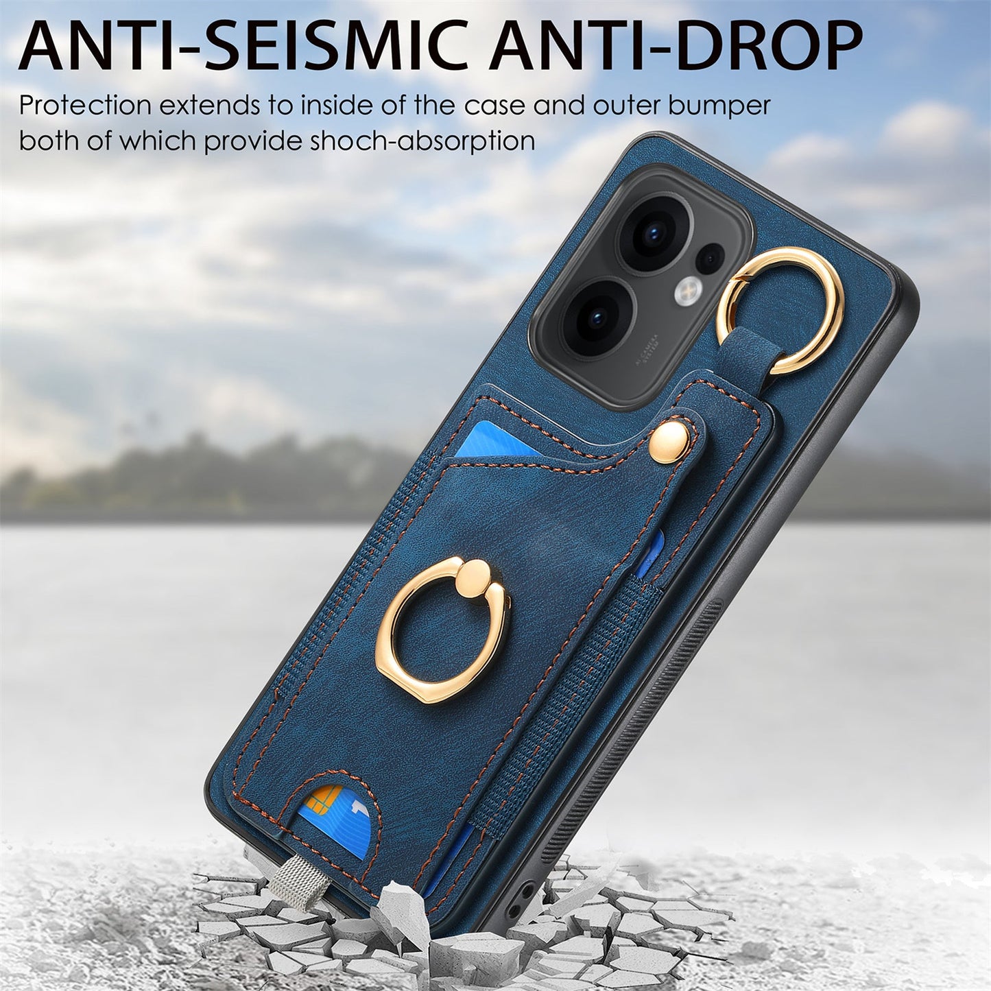 For Oppo Reno13 F 5G Retro Leather Phone Back Cover with Card Slots and Ring Holder - Blue