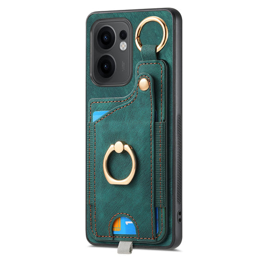 For Oppo Reno13 F 5G Retro Leather Phone Back Cover with Card Slots and Ring Holder - Green