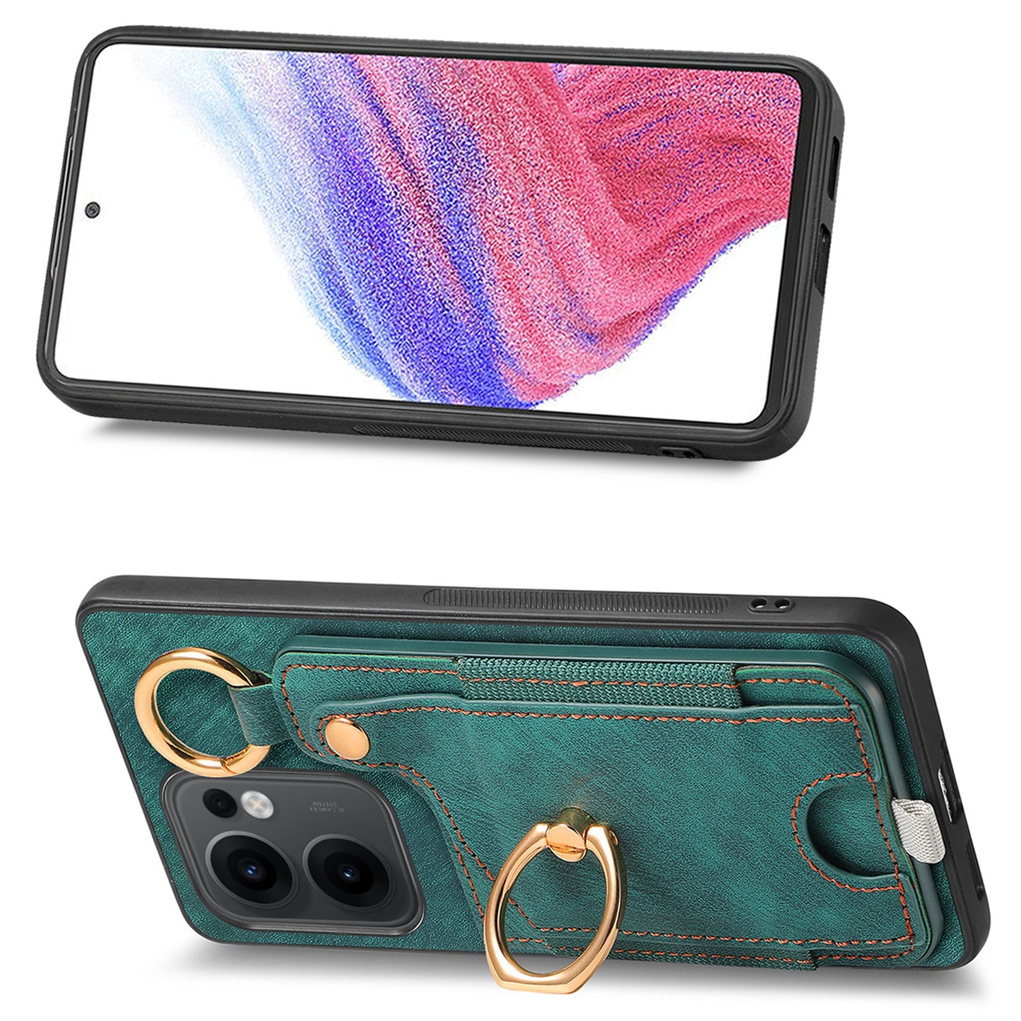 For Oppo Reno13 F 5G Retro Leather Phone Back Cover with Card Slots and Ring Holder - Green