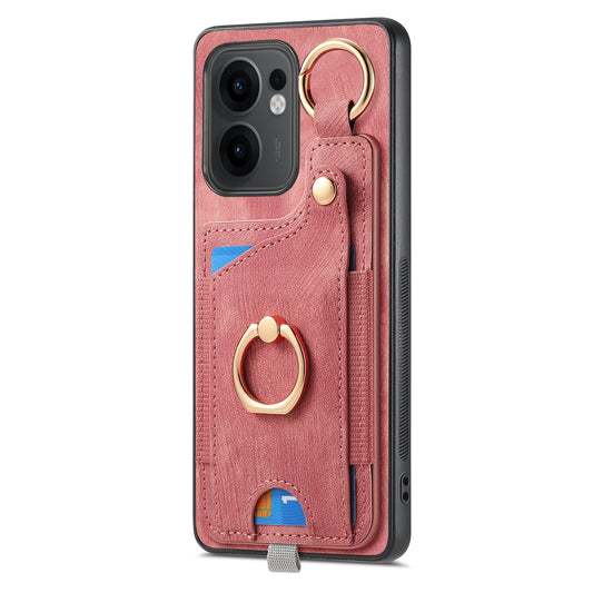 For Oppo Reno13 F 5G Retro Leather Phone Back Cover with Card Slots and Ring Holder - Pink