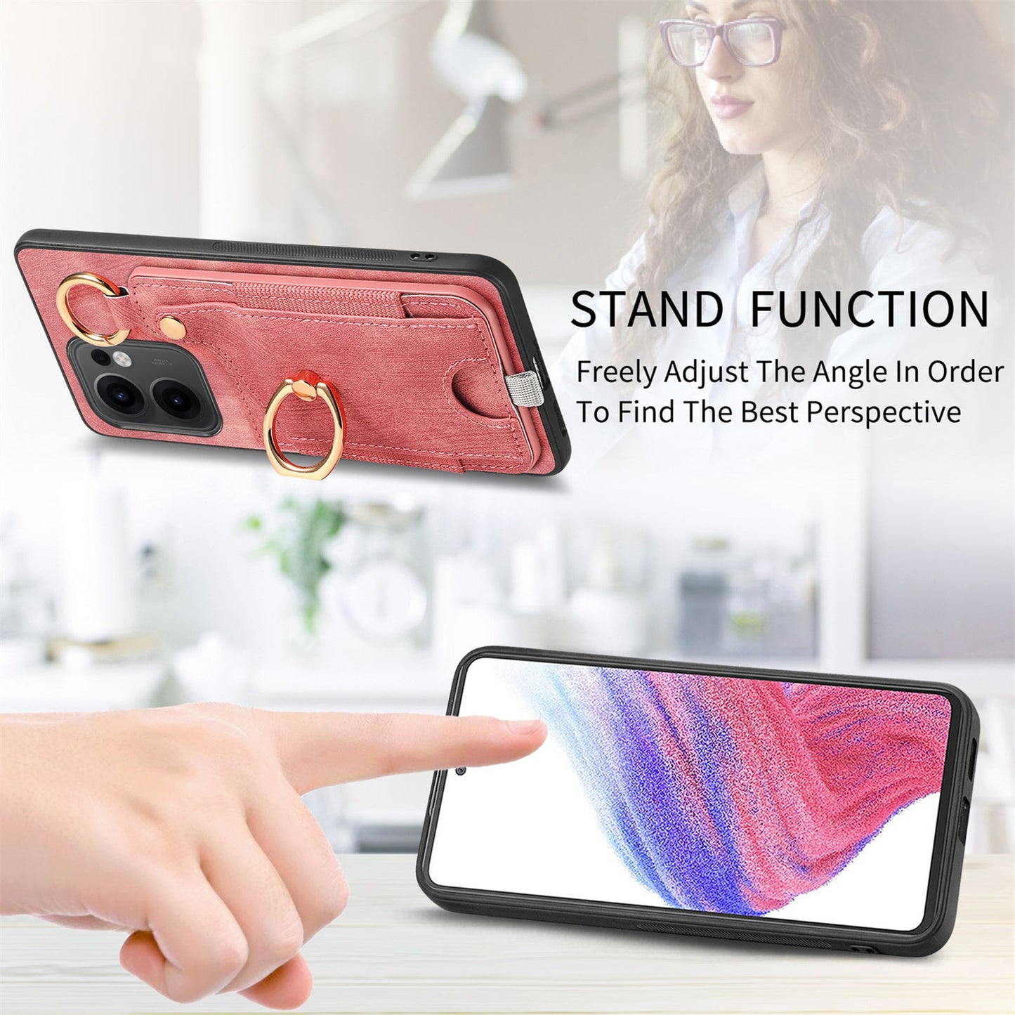For Oppo Reno13 F 5G Retro Leather Phone Back Cover with Card Slots and Ring Holder - Pink