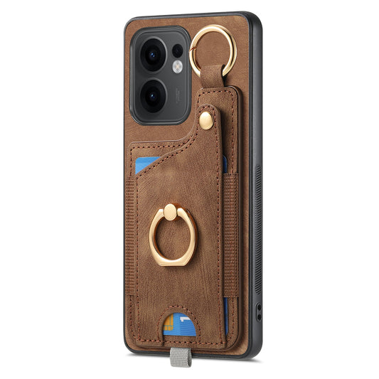 For Oppo Reno13 F 5G Retro Leather Phone Back Cover with Card Slots and Ring Holder - Brown