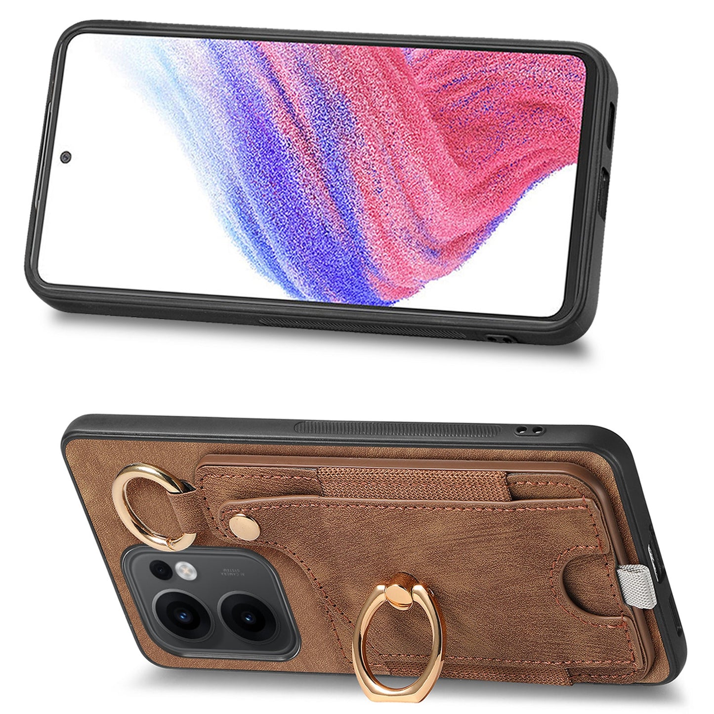 For Oppo Reno13 F 5G Retro Leather Phone Back Cover with Card Slots and Ring Holder - Brown