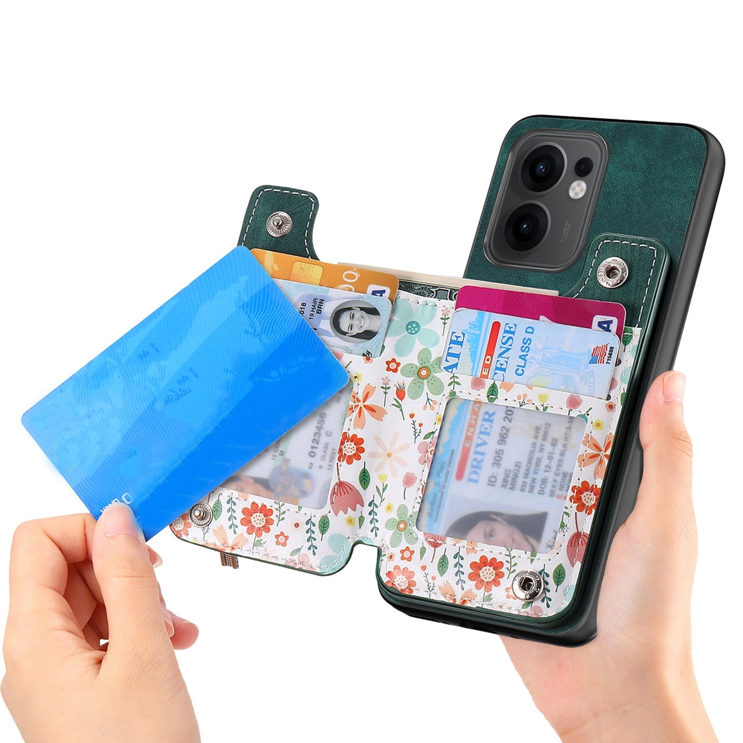 For Oppo Reno13 F 5G Leather Phone Cover with RFID Blocking Zipper Card Bag Kickstand - Green
