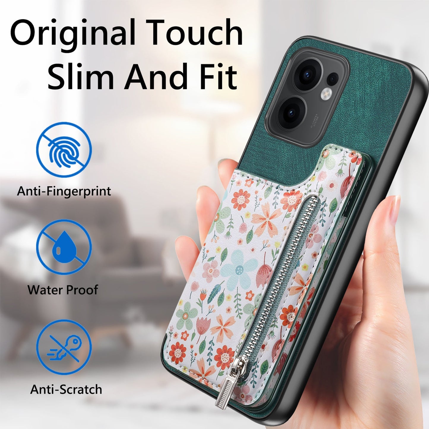 For Oppo Reno13 F 5G Leather Phone Cover with RFID Blocking Zipper Card Bag Kickstand - Green