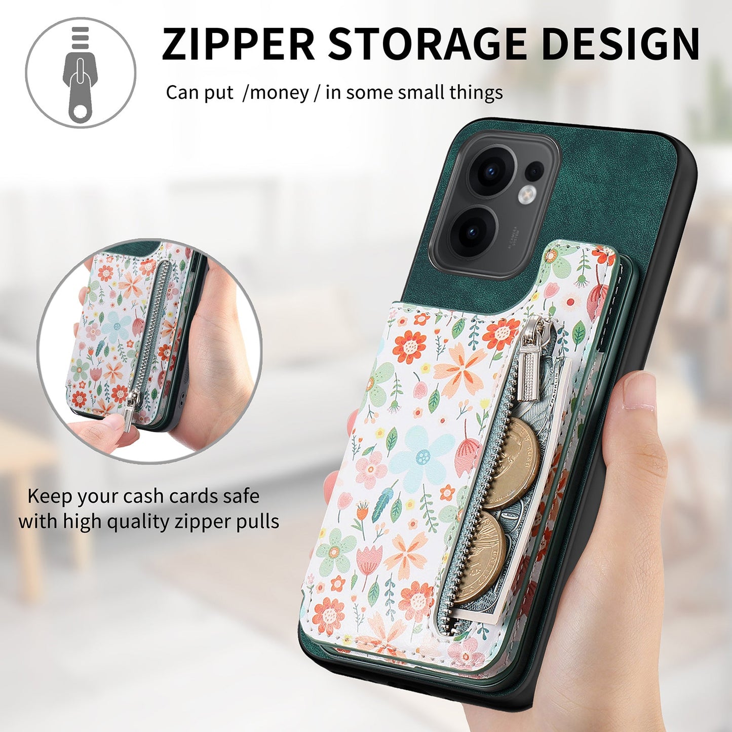 For Oppo Reno13 F 5G Leather Phone Cover with RFID Blocking Zipper Card Bag Kickstand - Green