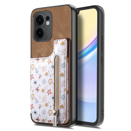 For Oppo Reno13 F 5G Leather Phone Cover with RFID Blocking Zipper Card Bag Kickstand - Brown