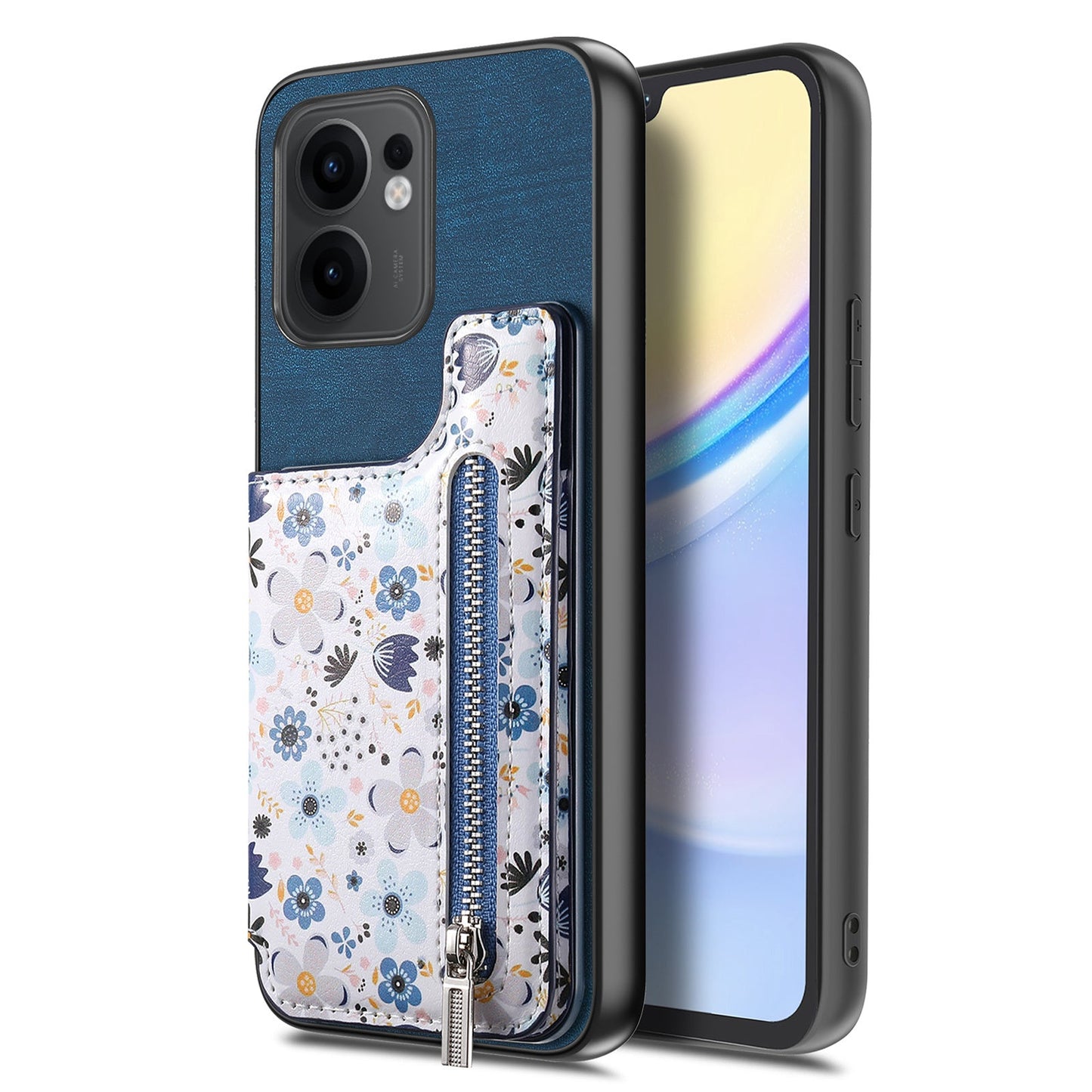 For Oppo Reno13 F 5G Leather Phone Cover with RFID Blocking Zipper Card Bag Kickstand - Blue