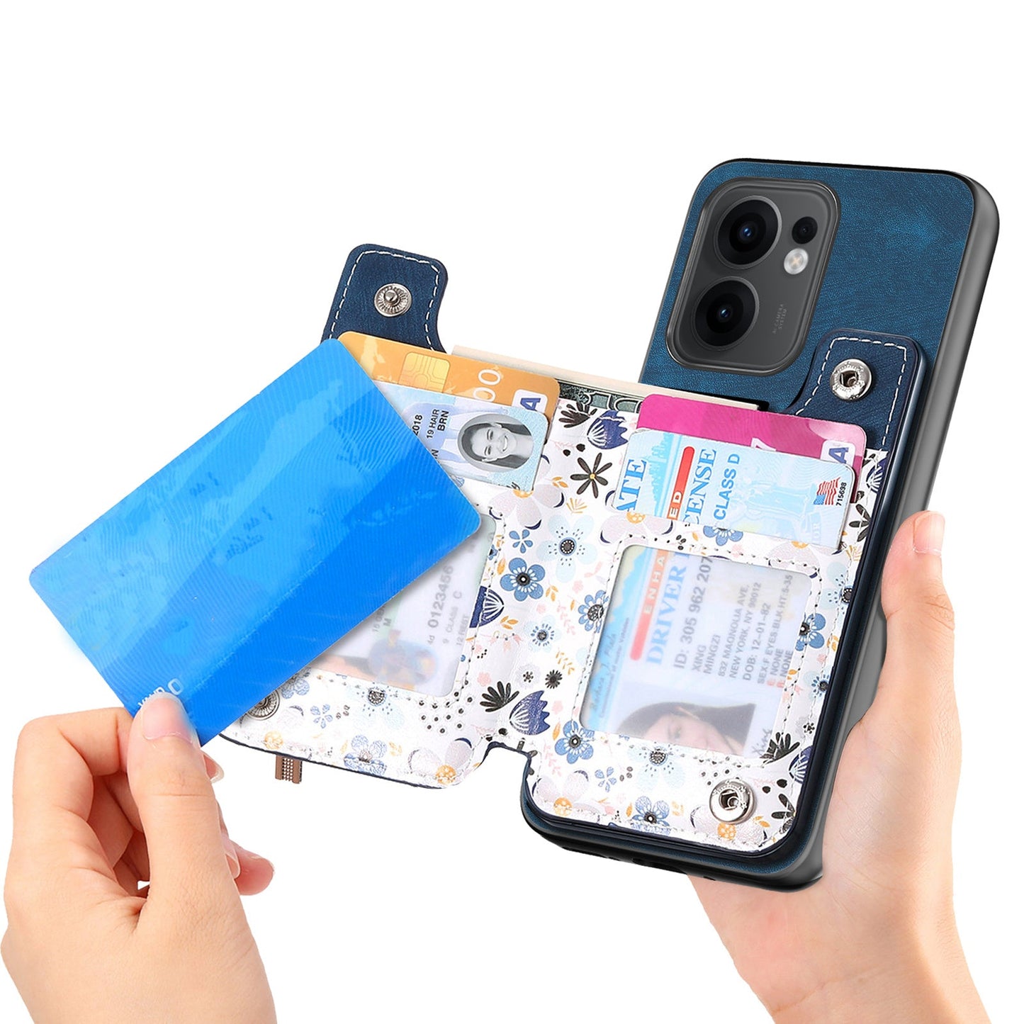 For Oppo Reno13 F 5G Leather Phone Cover with RFID Blocking Zipper Card Bag Kickstand - Blue