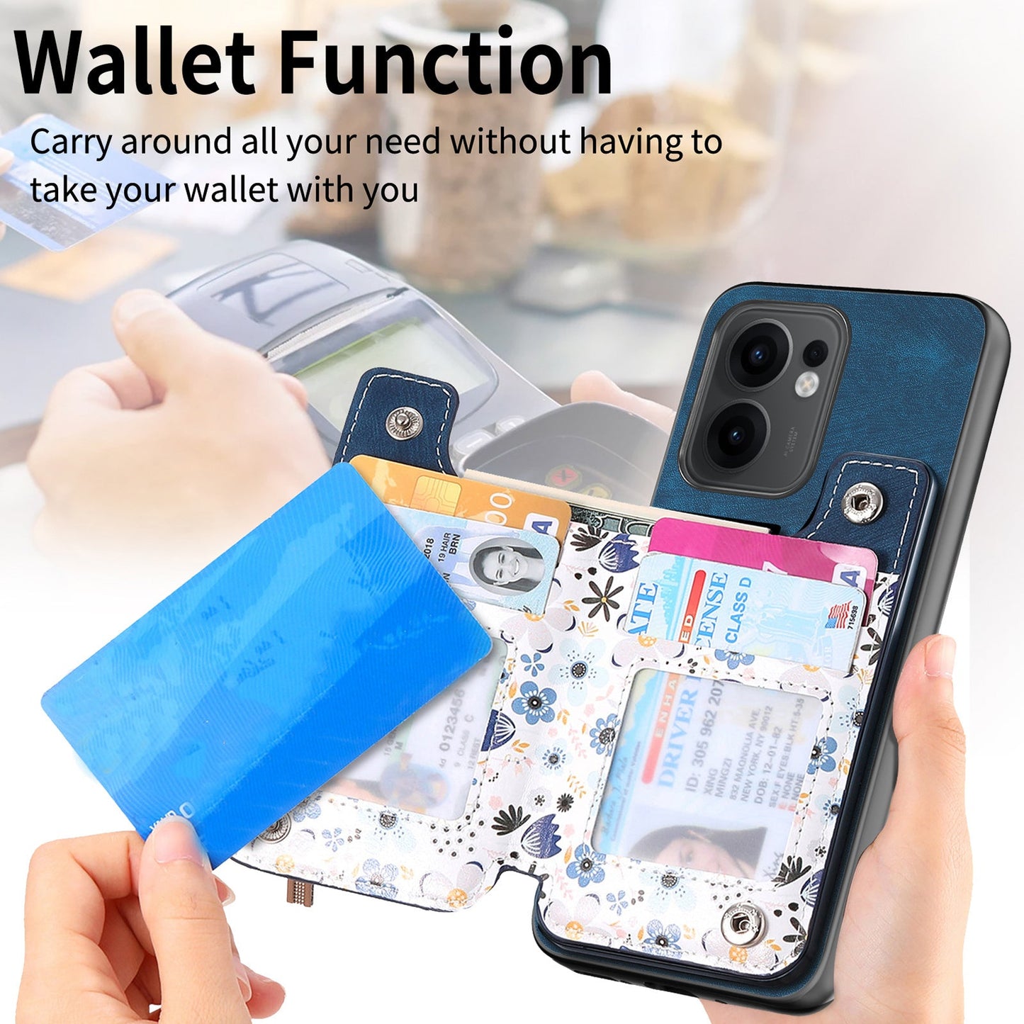 For Oppo Reno13 F 5G Leather Phone Cover with RFID Blocking Zipper Card Bag Kickstand - Blue
