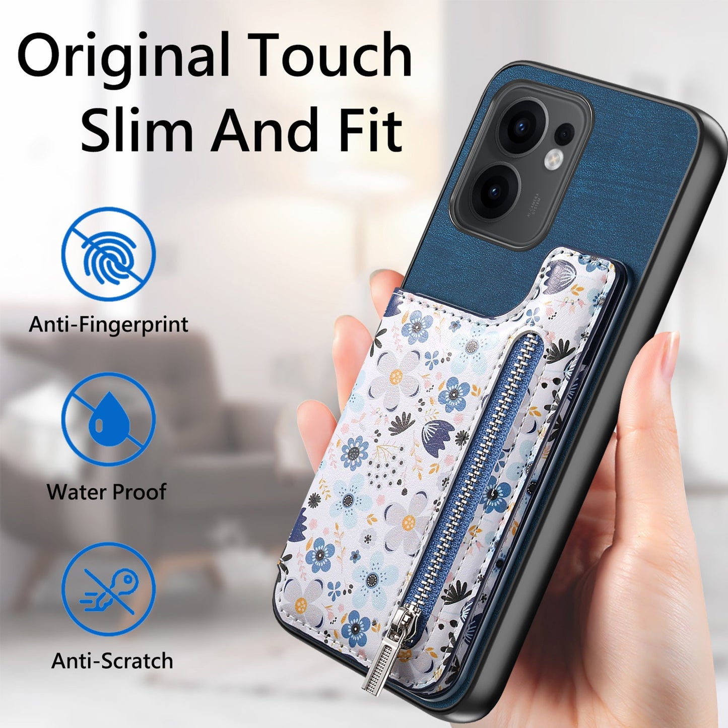 For Oppo Reno13 F 5G Leather Phone Cover with RFID Blocking Zipper Card Bag Kickstand - Blue