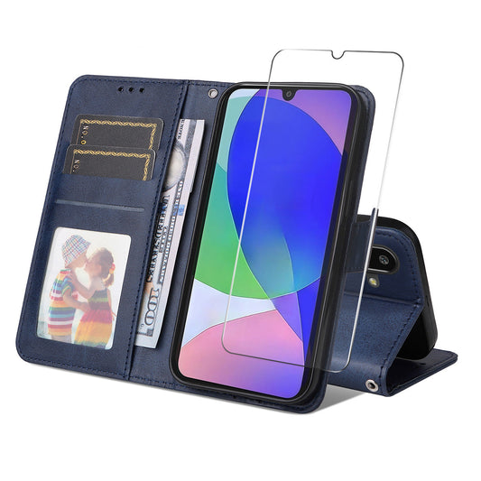 For Samsung Galaxy M16 5G / Galaxy F16 5G PU Leather Wallet Case ENKAY HAT PRINCE Phone Stand Cover with Tempered Glass - Blue