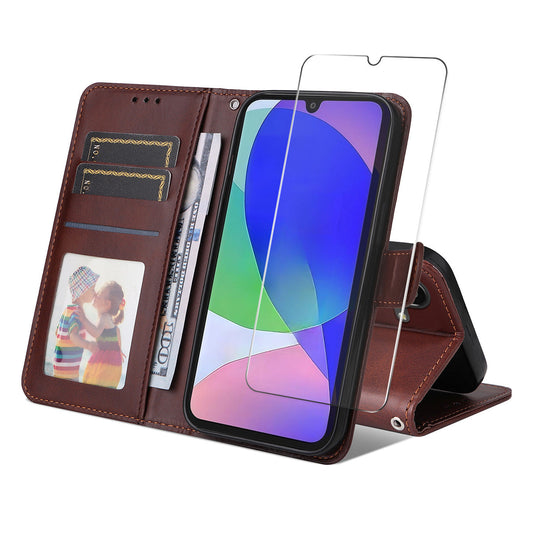 For Samsung Galaxy M16 5G / Galaxy F16 5G PU Leather Wallet Case ENKAY HAT PRINCE Phone Stand Cover with Tempered Glass - Brown
