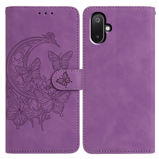 For Samsung Galaxy M06 5G  /  F06 5G Case Butterfly Flower Imprinted PU Leather Wallet Stand Phone Cover - Purple