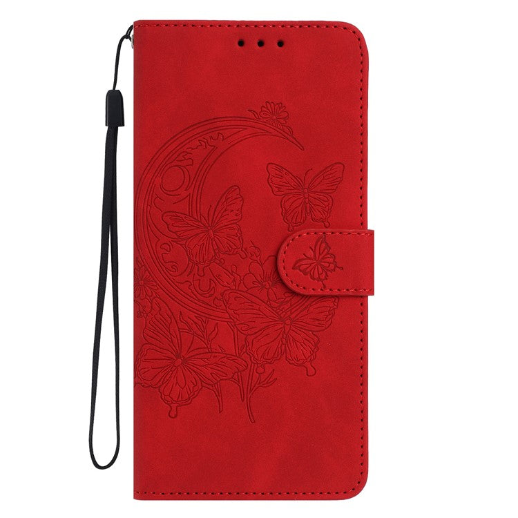 For Samsung Galaxy M06 5G  /  F06 5G Case Butterfly Flower Imprinted PU Leather Wallet Stand Phone Cover - Red